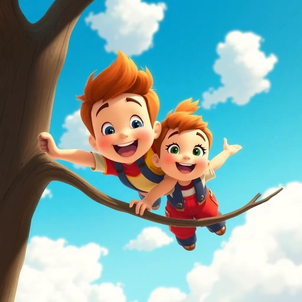 Tommy and Tilly flying high in the bright blue sky, Tommy holding on to a low branch, feeling excited, fluffy white clouds around them, cheerful and adventurous scene, digital painting, high quality, joyful