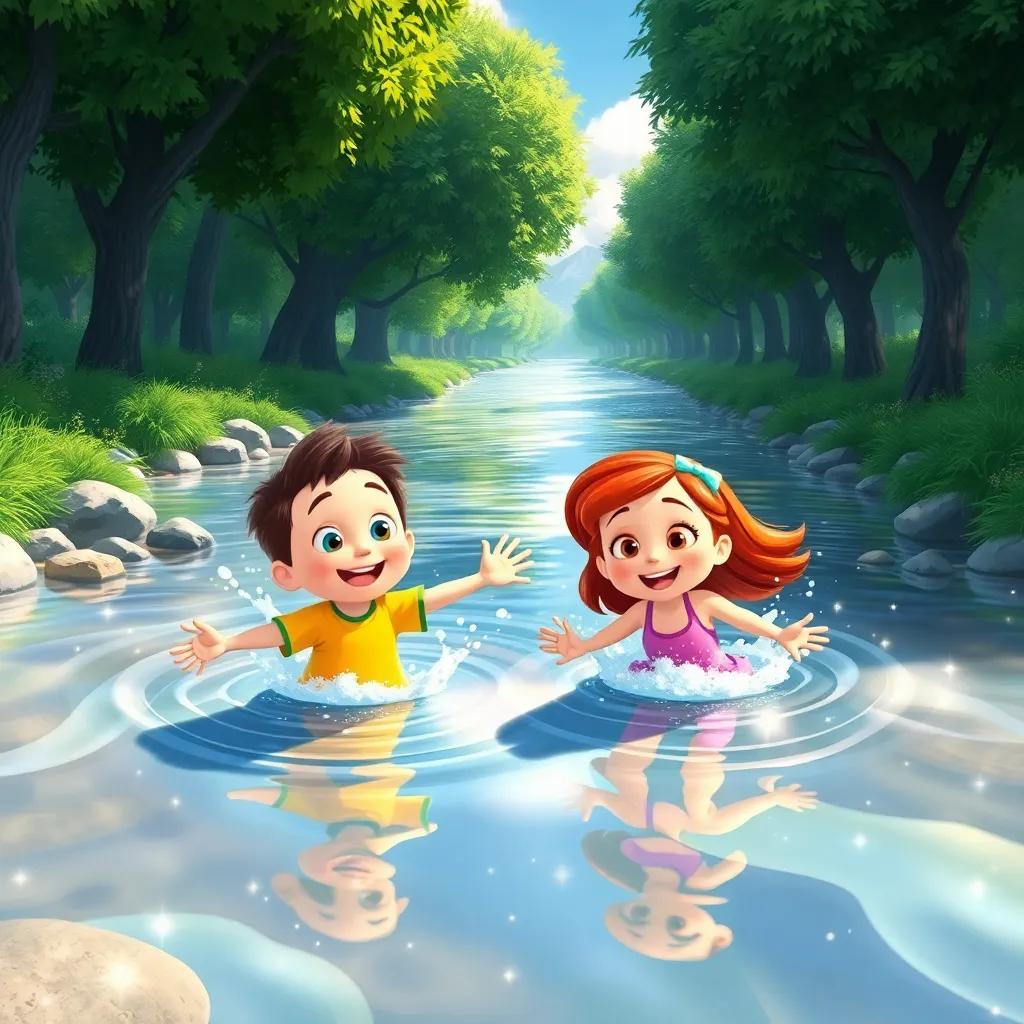 A shiny river that sparkles like stars, with Tommy and Tilly splashing in the water, surrounded by green trees, clear sky and sunshine, fun and refreshing atmosphere, illustration, vibrant colors