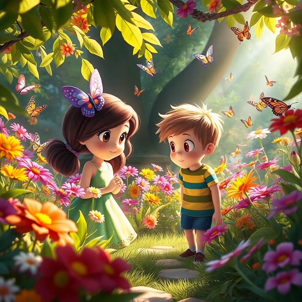 A secret garden full of colorful flowers and butterflies, with Tilly showing it to Tommy, soft light filtering through the leaves, magical and enchanting, digital art, vivid and lively