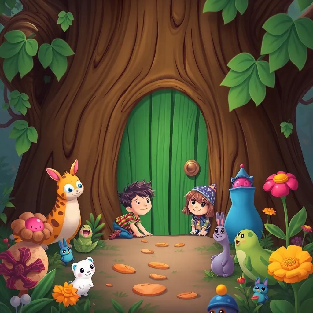 A tiny hidden door in a tree, with Tommy and Tilly crawling through it, surrounded by a magical world with friendly animals and strange plants, whimsical and inviting, colorful, high quality illustration