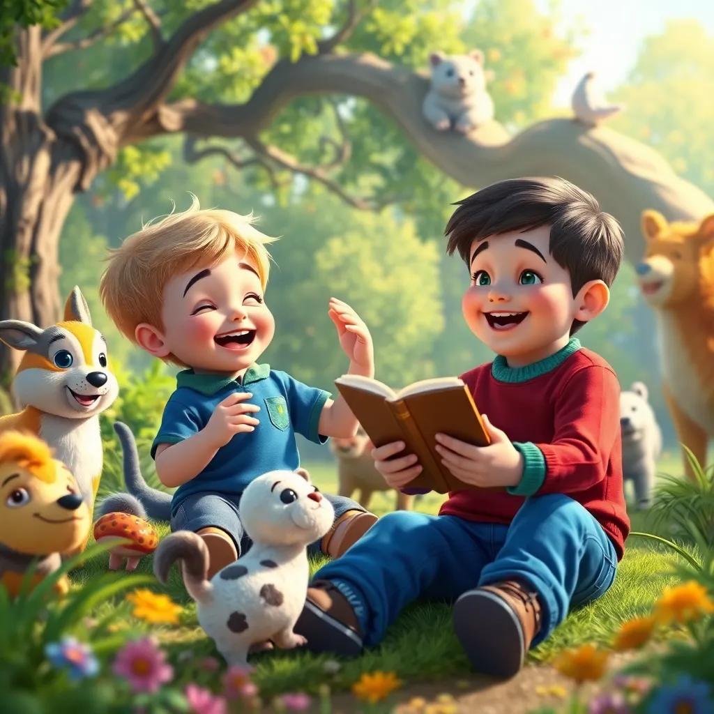 Tommy playing with friendly animals in the magical world, laughing and dancing, with Tilly watching and telling stories about nature, vibrant and joyful, heartwarming scene, digital painting, high quality