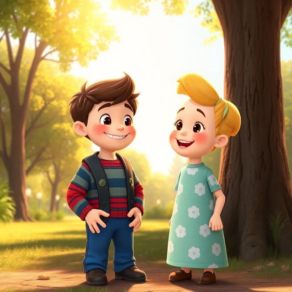 Tommy smiling and thanking Tilly the tree, as they stand in the park, feeling happy and fulfilled, warm sunlight setting the mood, digital art, cheerful and colorful