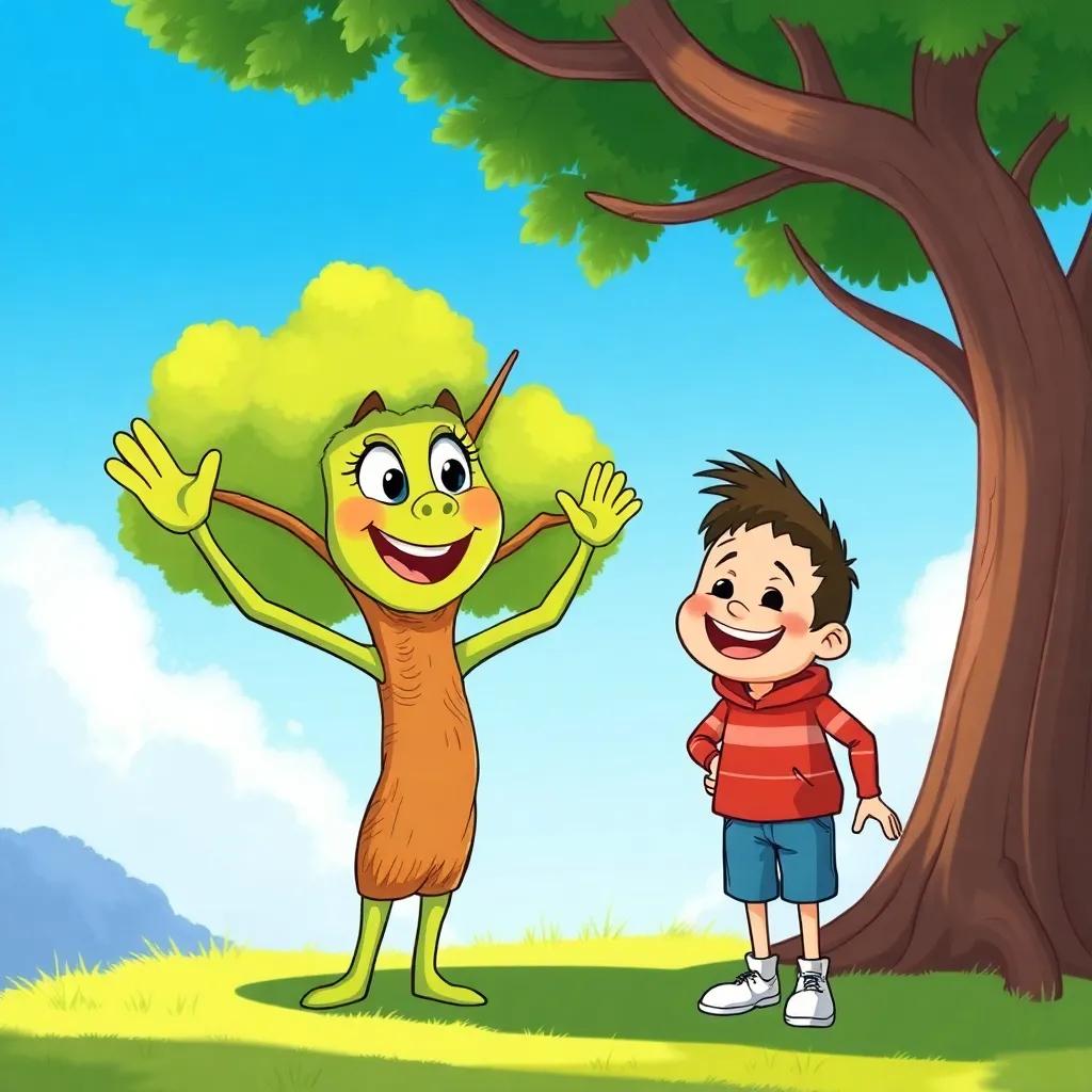 Tilly the tree waving goodbye to Tommy, who is looking back with a big smile, bright blue sky behind them, playful and cheerful atmosphere, illustration, vibrant colors, friendly scene