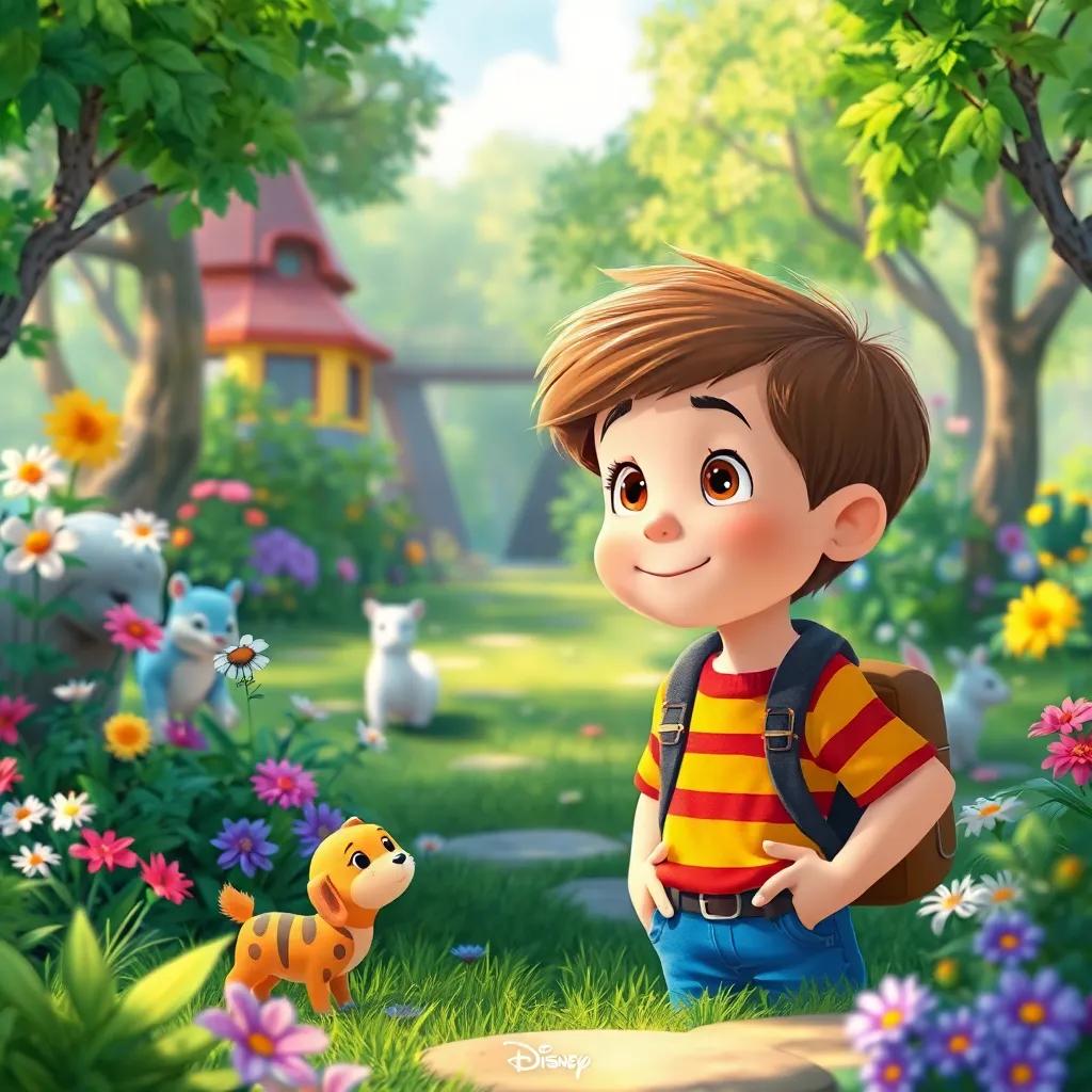 Tommy looking around the park, discovering little adventures everywhere, with a curious expression, filled with greenery, flowers, and joyful animals, vibrant illustration, magical and inviting