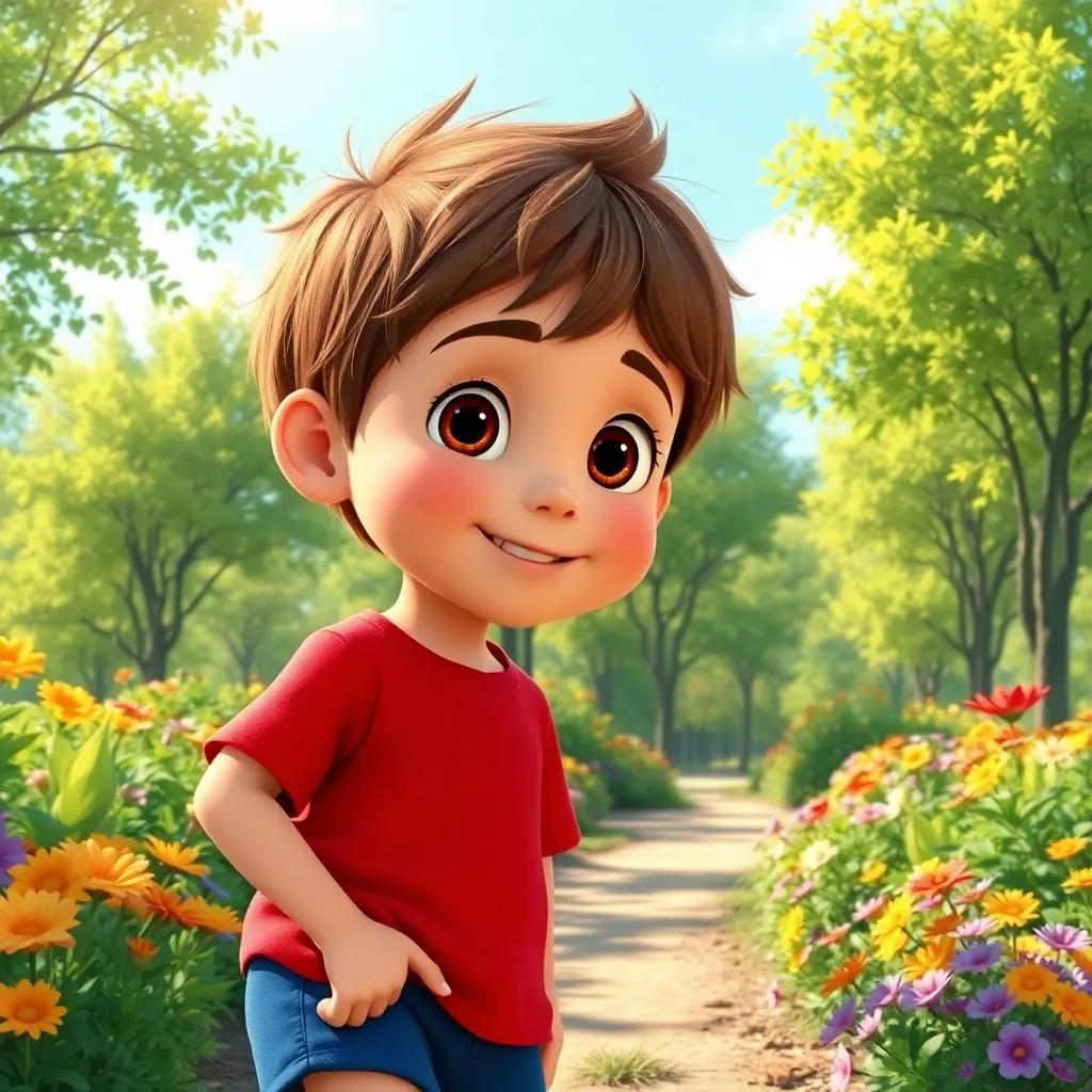 A curious boy named Tommy, with short brown hair and wearing a red T-shirt and blue shorts, exploring a sunny park filled with green trees and colorful flowers, bright day, digital art, cheerful atmosphere, high quality