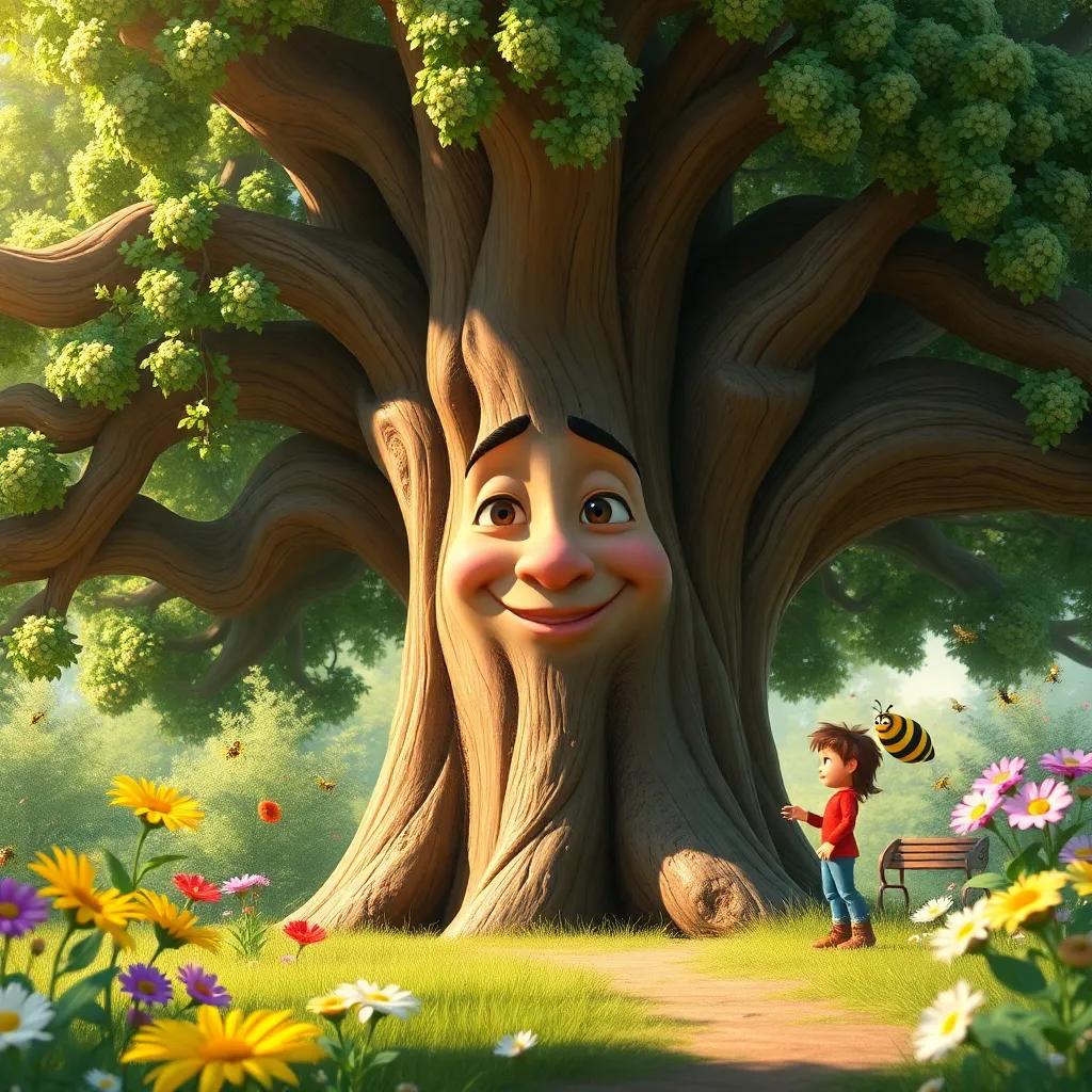 A big oak tree named Oliver, with a friendly face, smiling at Tommy, surrounded by vibrant flowers and buzzing bees, magical realism, warm light, inviting colors, whimsical perspective, high quality