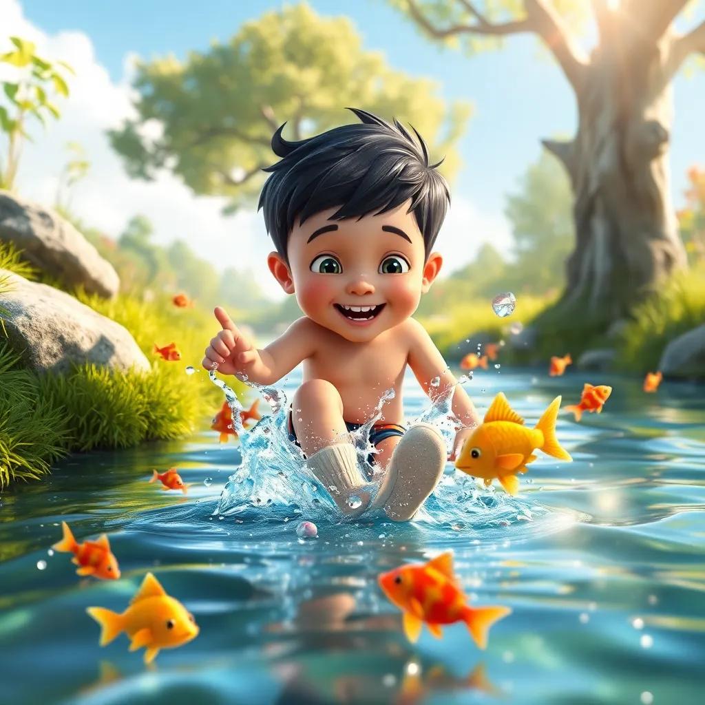 Tommy splashing his feet in a sparkling stream, with colorful fish swimming around, Oliver the tree in the background, nature scene, joyful and playful vibe, sunlight glistening on the water, high quality