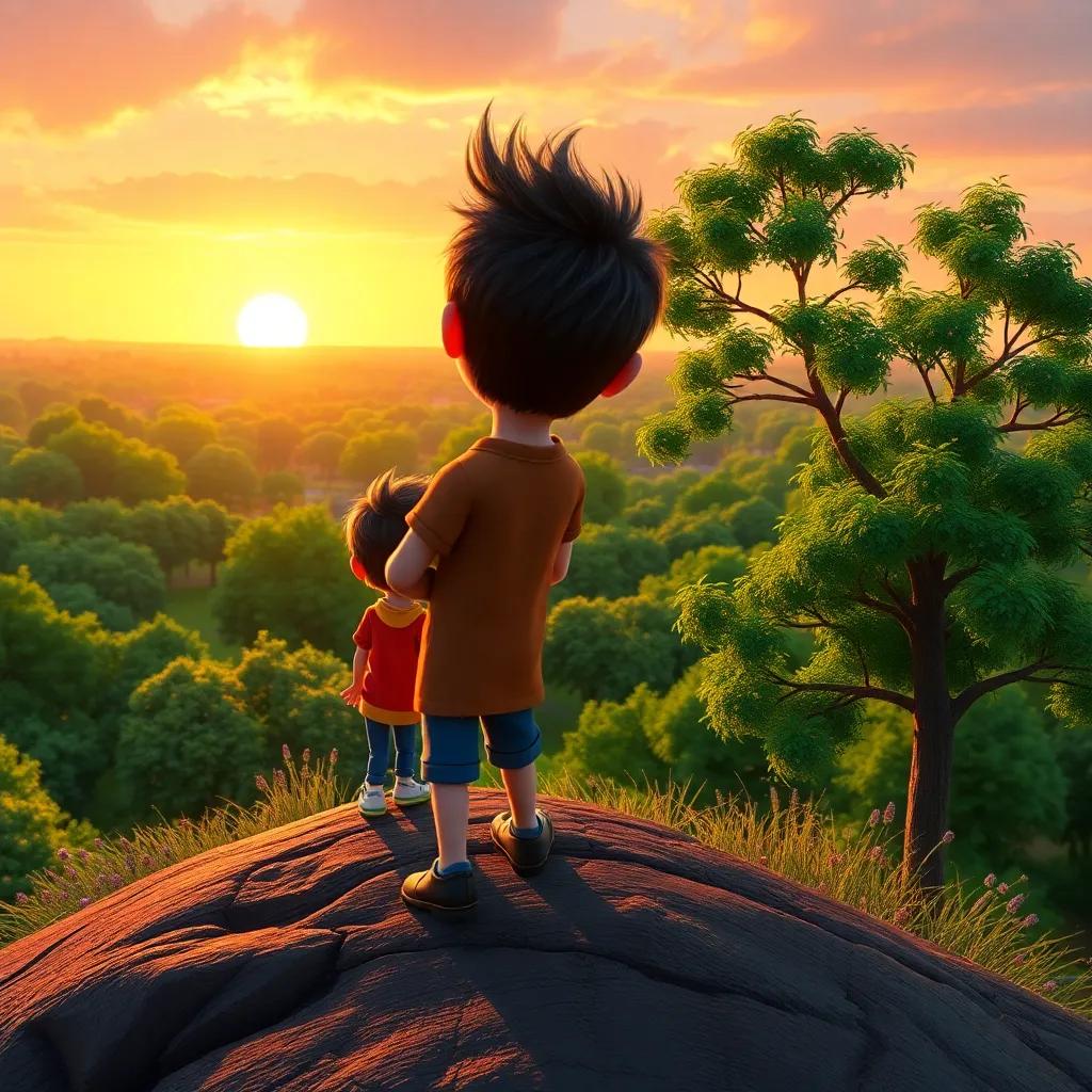 A high hill with Tommy and Oliver, looking out over the park, vibrant green trees and flowers below, during sunset, warm colors, serene and peaceful view, quality digital art