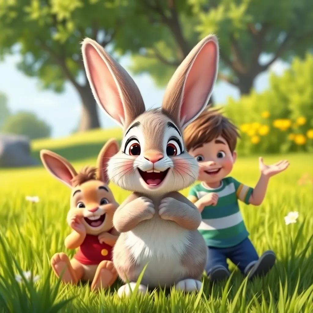 A happy rabbit with big ears playing hide and seek with Tommy and Oliver, in a grassy area of the park, joyful and playful environment, bright sunny day, charming illustration, high quality