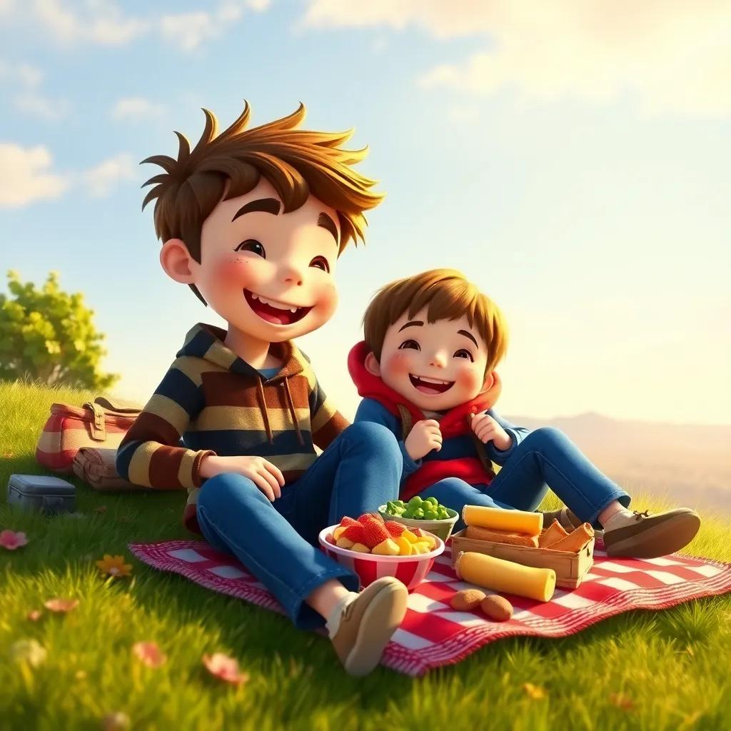 Tommy and Oliver sitting together on the hill having a picnic, with a variety of snacks, joyful atmosphere, sunny weather, warm light and colors, charming digital art