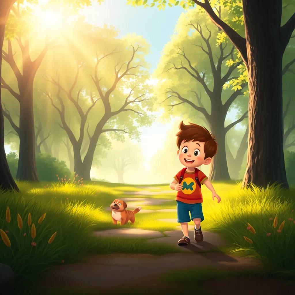 Tommy eagerly returning to the park, excited to see Oliver again, with bright sunlight filtering through the trees and a sense of magic in the air, heartwarming illustration, high quality