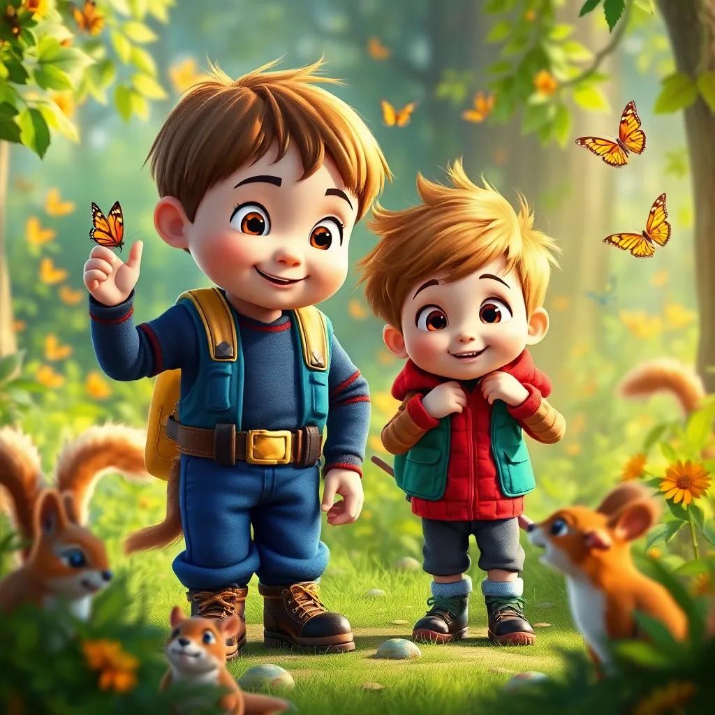 Tommy and Oliver exploring together, looking at squirrels and butterflies, full of vibrant colors and details, nature adventure atmosphere, cheerful digital art, high quality