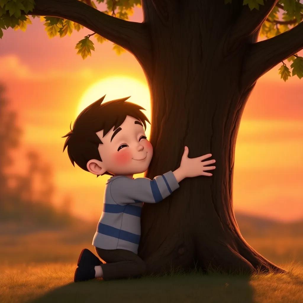 Tommy hugging Oliver the tree tightly, with a glowing sunset in the background, symbolizing friendship and gratitude, warm colors, emotional and heartwarming scene, high quality