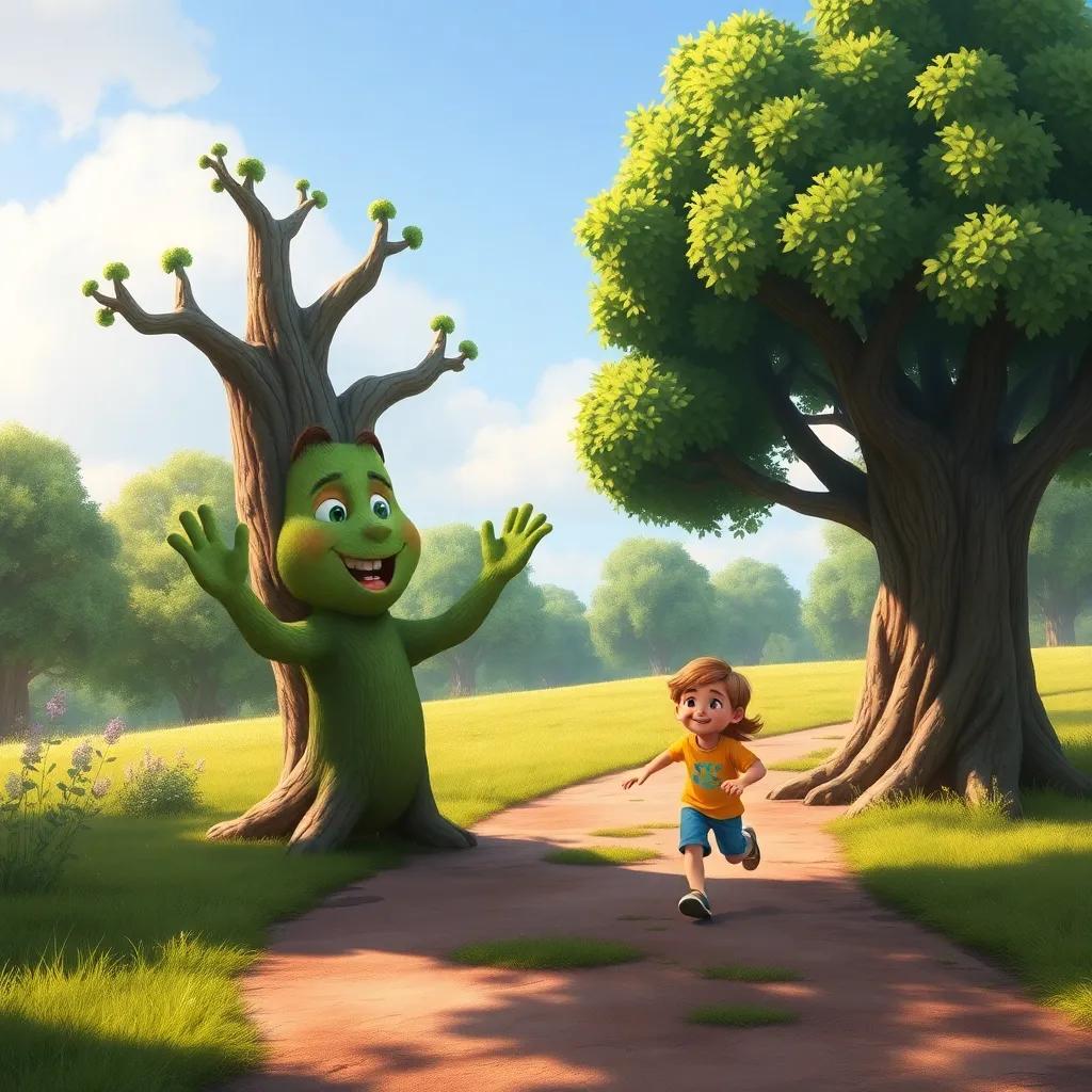 Oliver the talking tree waving goodbye to Tommy, as he happily runs home from the park, with beautiful natural surroundings, feeling of adventure, cheerful digital art, high quality