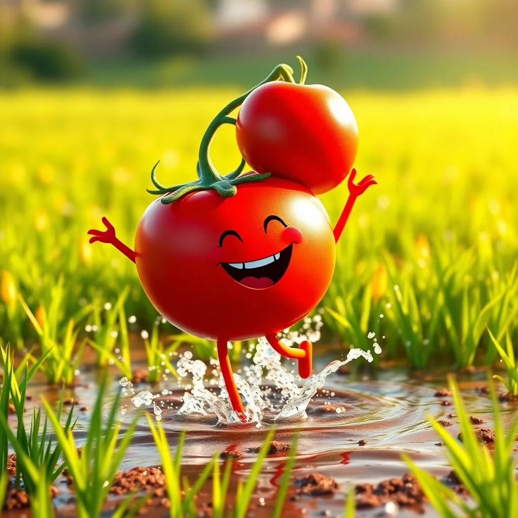 A happy little tomato, Tommy, with a bright red color, dancing in a sunny field with green grass, water splashing around, joyful atmosphere, digital art, colorful and vibrant, warm sunlight, cheerful scene, high quality