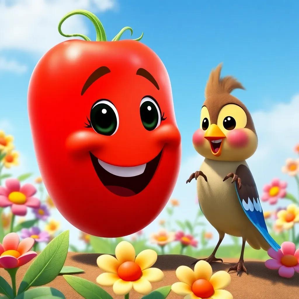 Tommy the happy tomato with a big smile, playing with Thomas the sparrow, colorful cartoon style, with beautiful flowers and blue sky in the background, feeling cheerful and playful, friendly atmosphere, joyful colors, high quality