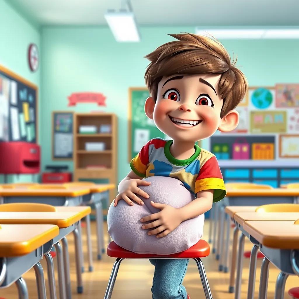 A mischievous boy, Tommy, with short brown hair wearing a colorful t-shirt and jeans, grinning widely while hiding a whoopee cushion under a teacher's chair in a bright classroom, digital art, colorful, lively atmosphere, playful mood, high quality