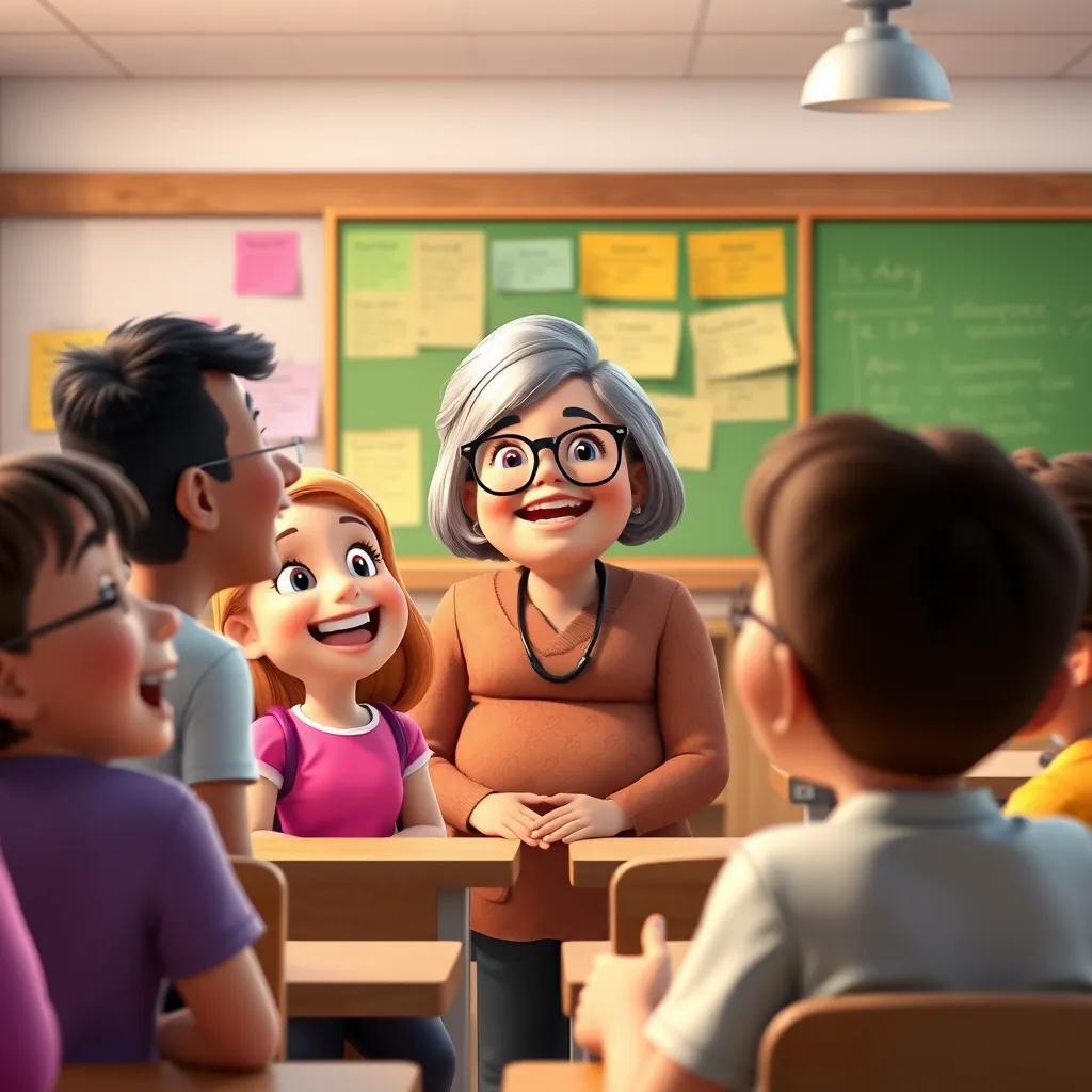 A classroom filled with laughter, showing students giggling with surprise as the teacher, Mrs. Green, a middle-aged woman with glasses and a friendly smile, reacts to the whoopee cushion, cheerful, vibrant colors, heartwarming scene, high quality
