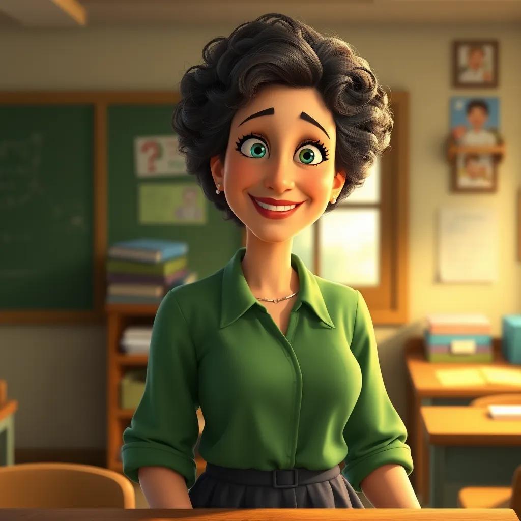 Mrs. Green, a middle-aged woman with curly hair, wearing a blouse and skirt, smiling gently as she addresses Tommy, with a hint of laughter in her eyes in a cozy classroom, warm light, calm atmosphere, high quality