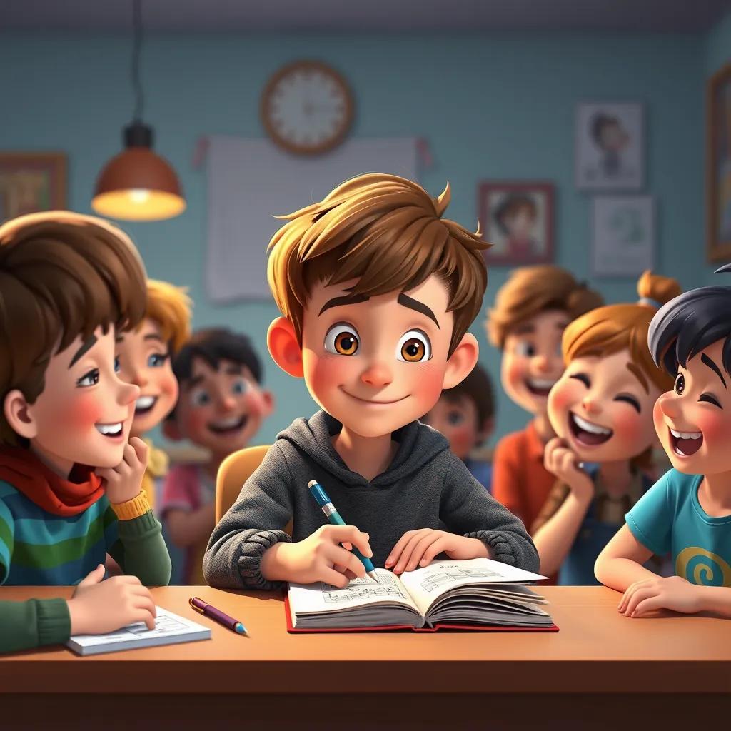 Tommy, a mischievous boy with short brown hair, sitting at his desk, thoughtfully doodling in his notebook surrounded by friends, who are laughing and enjoying his jokes, bright and cheerful colors, friendly atmosphere, high quality