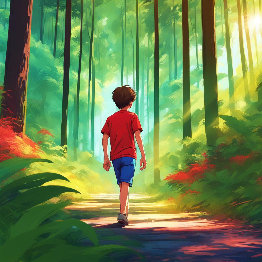 A young boy, Tommy, with short brown hair, wearing a red t-shirt and blue shorts, walking through a vibrant green forest filled with tall trees and bright sunlight, digital art, cheerful atmosphere, vibrant colors, high quality