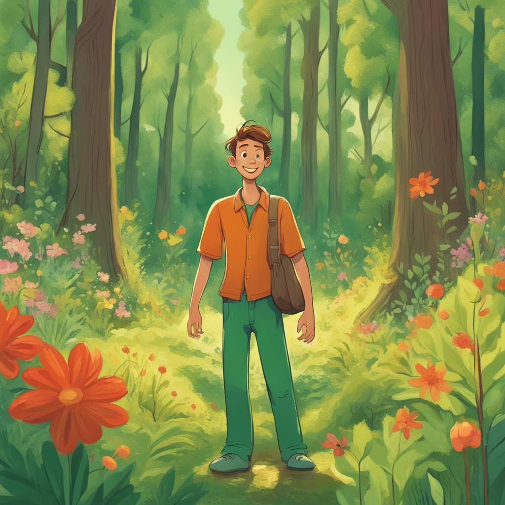 A man named Tommy in a green forest with tall trees and bright flowers, smiling and looking around, sunny day, vibrant colors, cheerful atmosphere, detailed illustration