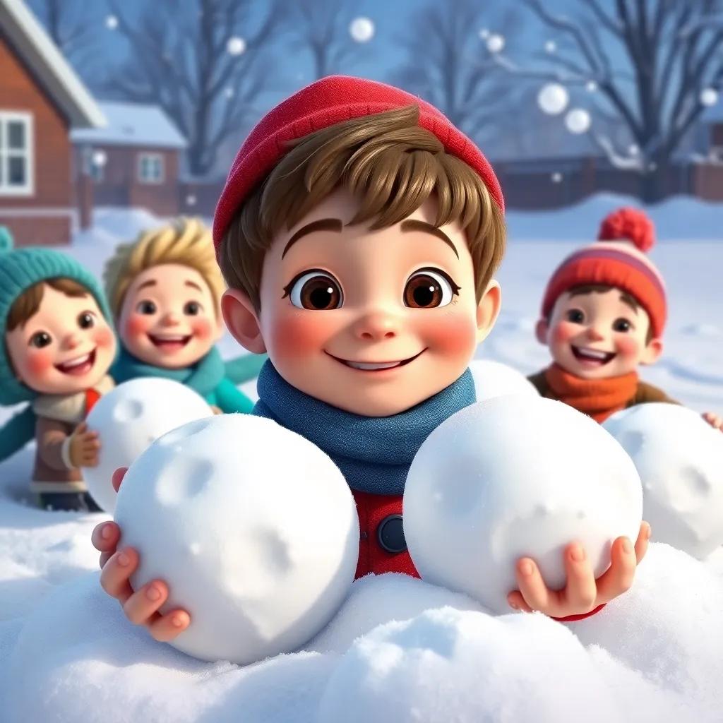 Tommy, a young boy with short brown hair, wearing a bright red hat and blue scarf, surrounded by his friends, all smiling and rolling big snowballs in a snowy yard, vibrant colors, joyful scene, winter fun