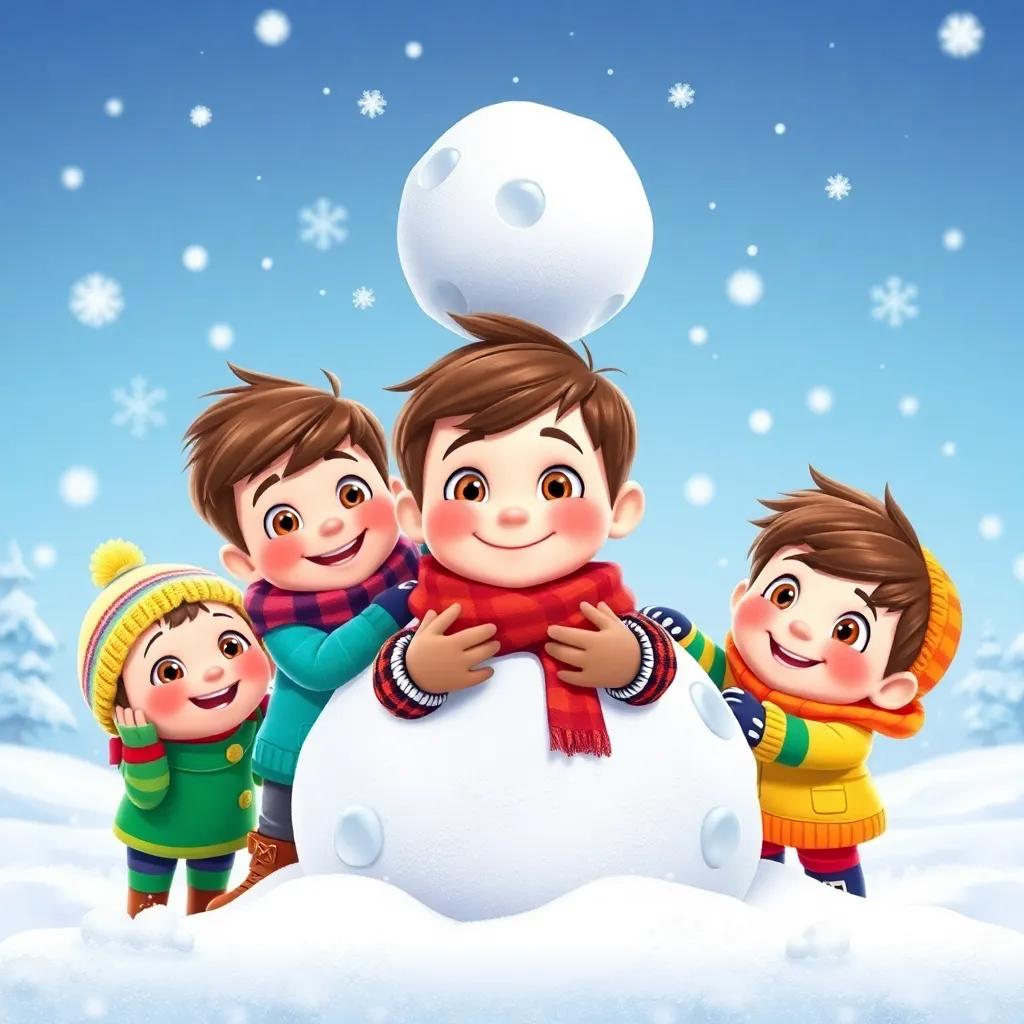 Tommy and his friends, with short brown hair, wearing colorful winter clothes, stacking a giant snowball, with snowflakes falling around them, lively and engaging, bright colors, cheerful winter scene