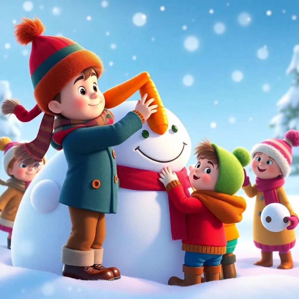 Tommy placing a big orange carrot for the nose on a giant snowman, surrounded by his friends adding buttons and twigs, playful atmosphere, light snowfall, colorful, joyful