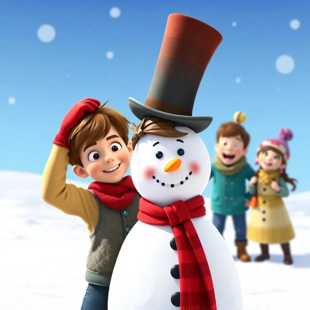 Tommy, a young boy with short brown hair, wearing a red hat and scarf, proudly putting an old top hat on the snowman's head, with friends laughing and posing, bright colors, fun winter scene