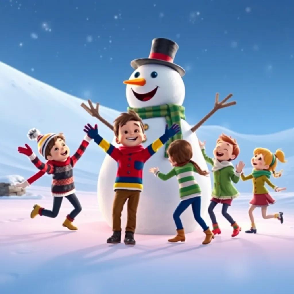Tommy and his friends dancing around the giant snowman, showing excitement and joy, snowy landscape in the background, colorful clothing, festive atmosphere