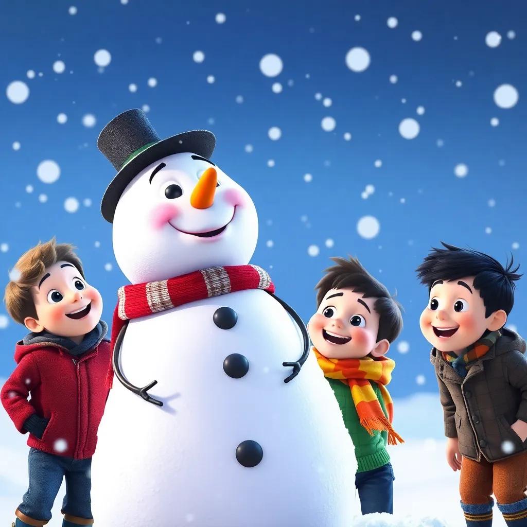 Tommy and his friends looking surprised as the snowman wobbles a bit, laughter and joy on their faces, soft snow falling, engaging and fun moment, vibrant, playful