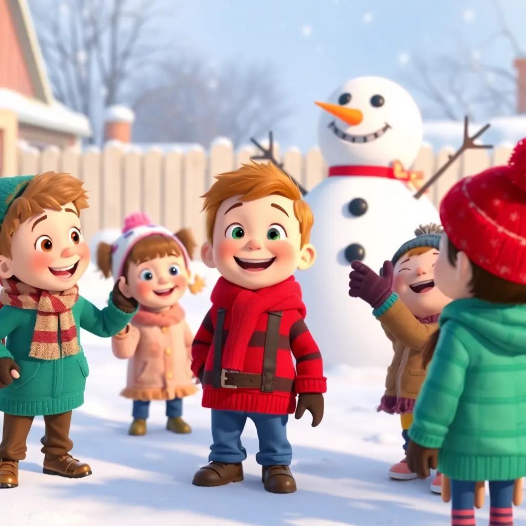 Tommy suggesting a snowman party to his friends, all smiling and nodding in excitement, snowy yard with the giant snowman in the background, cheerful, vibrant