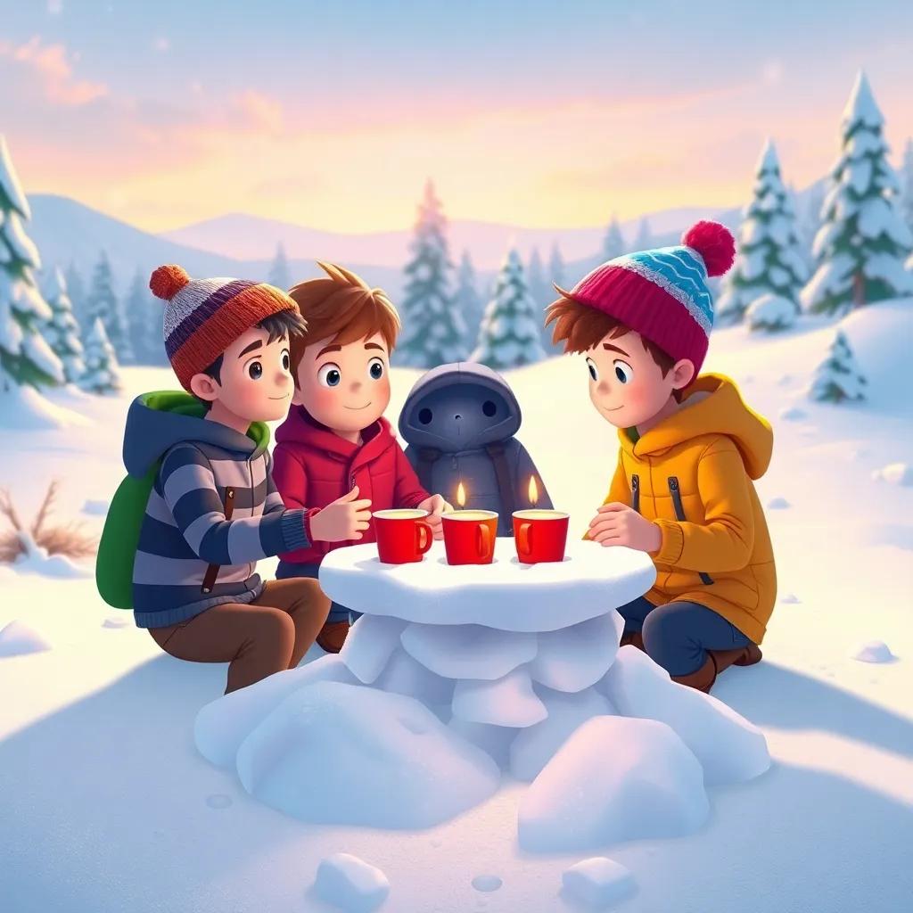 Tommy and his friends building a small table of snow, placing cups of hot cocoa on it, winter landscape all around, warm and friendly atmosphere, colorful, inviting scene