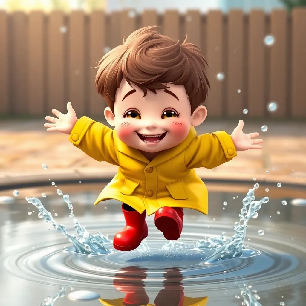 A young boy, Tommy, with short brown hair, wearing a yellow raincoat and red rain boots, jumping in a big puddle with splashes of water all around him, cheerful, digital art, vibrant colors, playful atmosphere, high quality