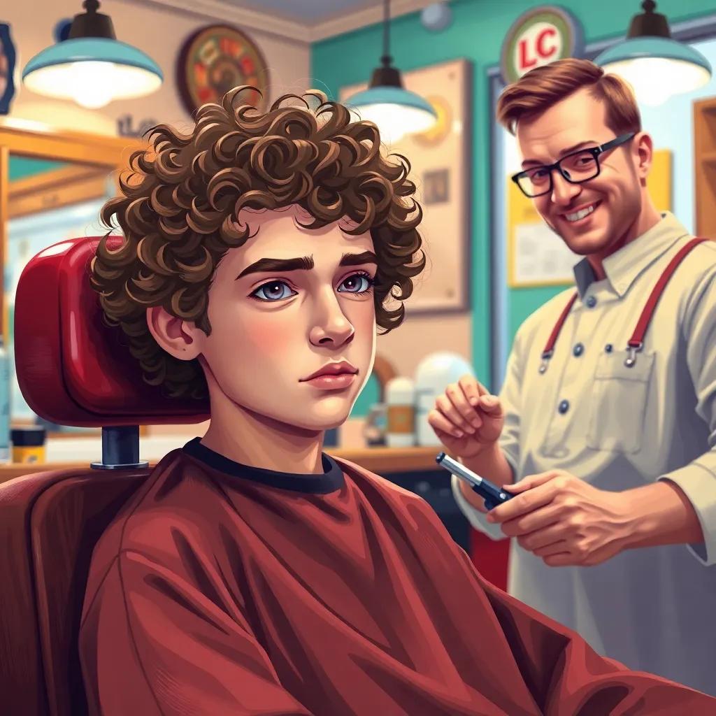 A 19-year-old boy, Tom, with curly hair, sitting in a barber's chair, looking nervous, the barber smiling and preparing the clippers, bright shop, digital art, cheerful colors, lively atmosphere, high quality