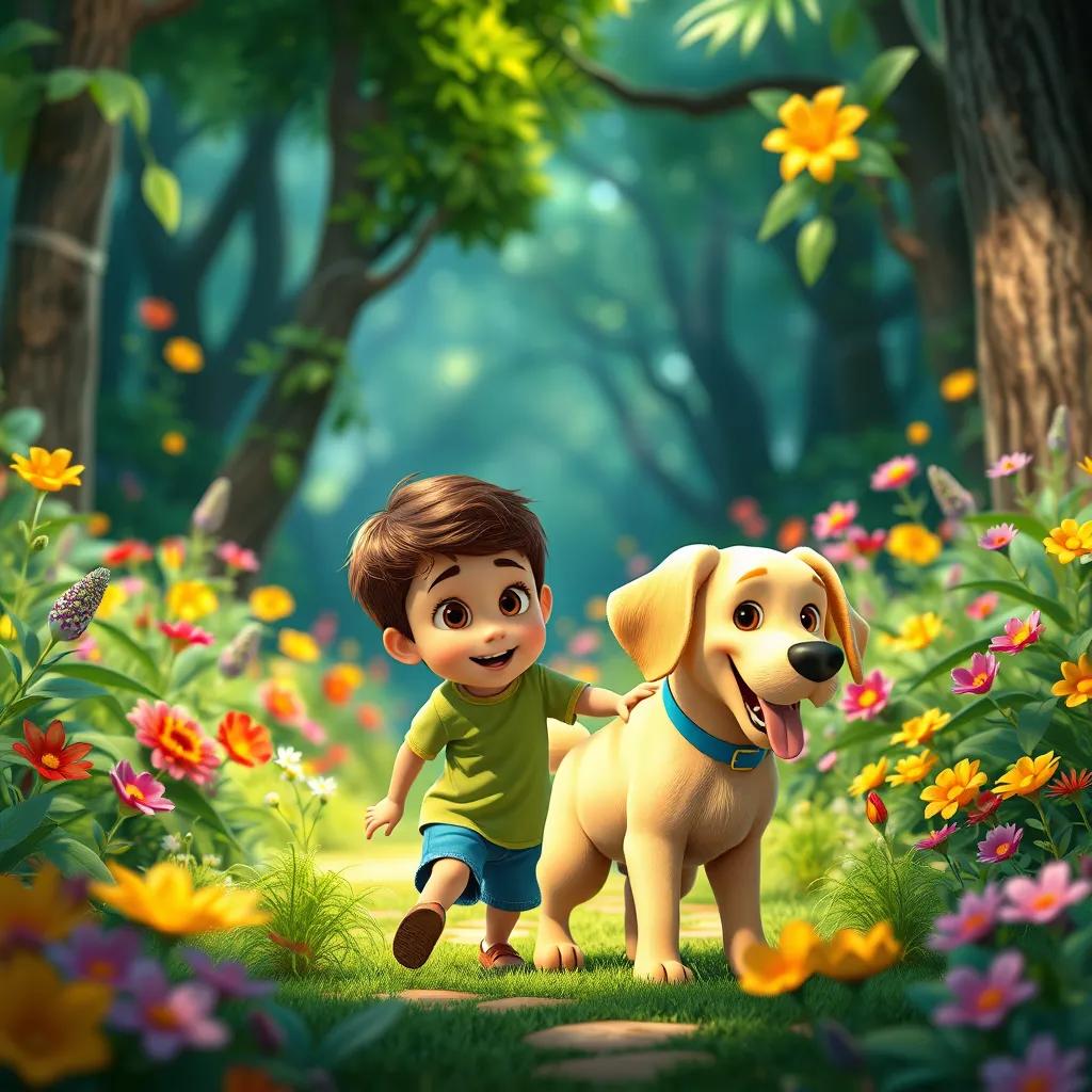 A little boy named Sam, aged 8, with short brown hair, wearing a green t-shirt and blue shorts, playing with his loyal dog Tony, a yellow Labrador, in a magical forest full of colorful plants and vibrant flowers, digital art, bright colors, cheerful atmosphere, high quality