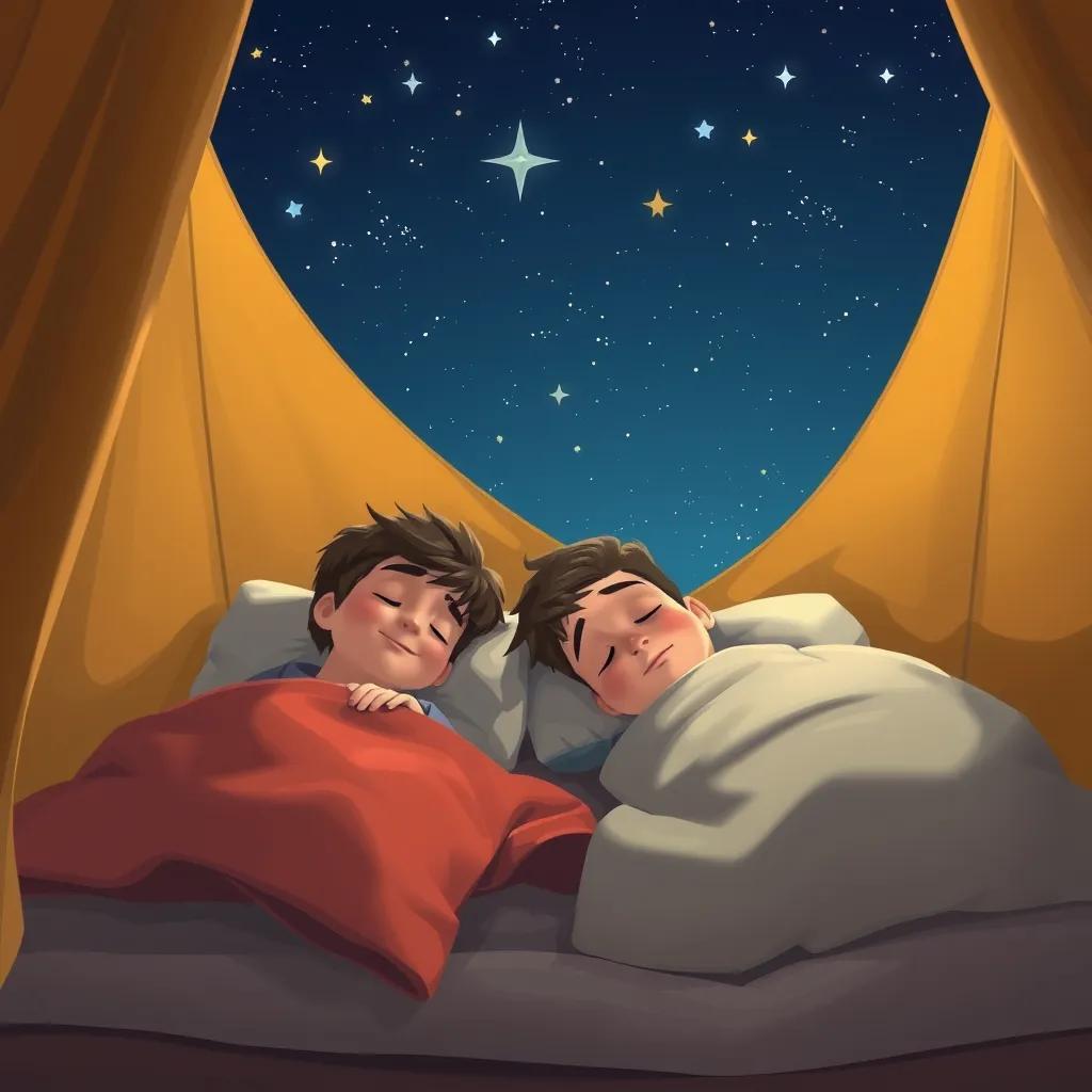 Sam and Tony sleeping in a cozy tent under a starry night sky, with soft blankets and playful shadows, digital illustration, warm colors, peaceful scene, high detail