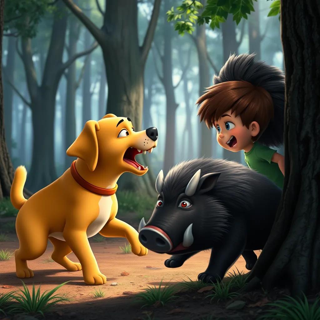 A brave dog named Tony, a yellow Labrador, barking loudly at an angry wild boar in a forest clearing. Sam, a little boy with brown hair in a green t-shirt, is watching from behind a tree, vivid colors, action scene, high quality