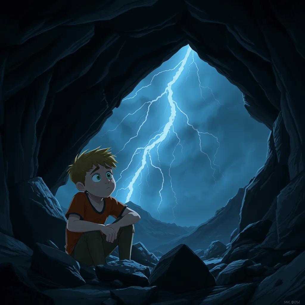 Sam and Tony taking shelter in a dark cave during a stormy night, the wind blowing fiercely outside, with lightning illuminating their worried faces, digital painting, tense atmosphere, deep shadows, high detail