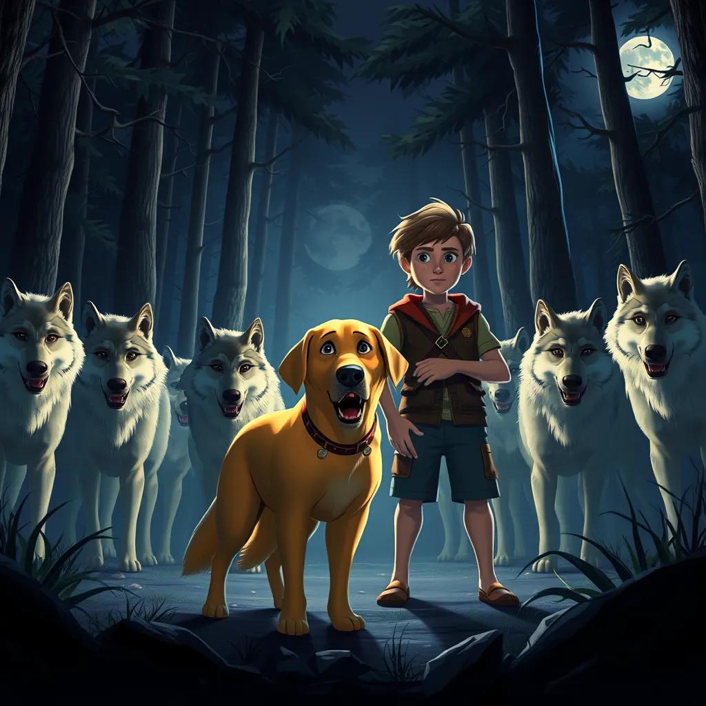 Sam and Tony standing bravely as a pack of wolves surround them in a forest. Tony, a yellow Labrador, growls protectively, while Sam looks determined, night setting with moonlight filtering through trees, dramatic lighting, high quality