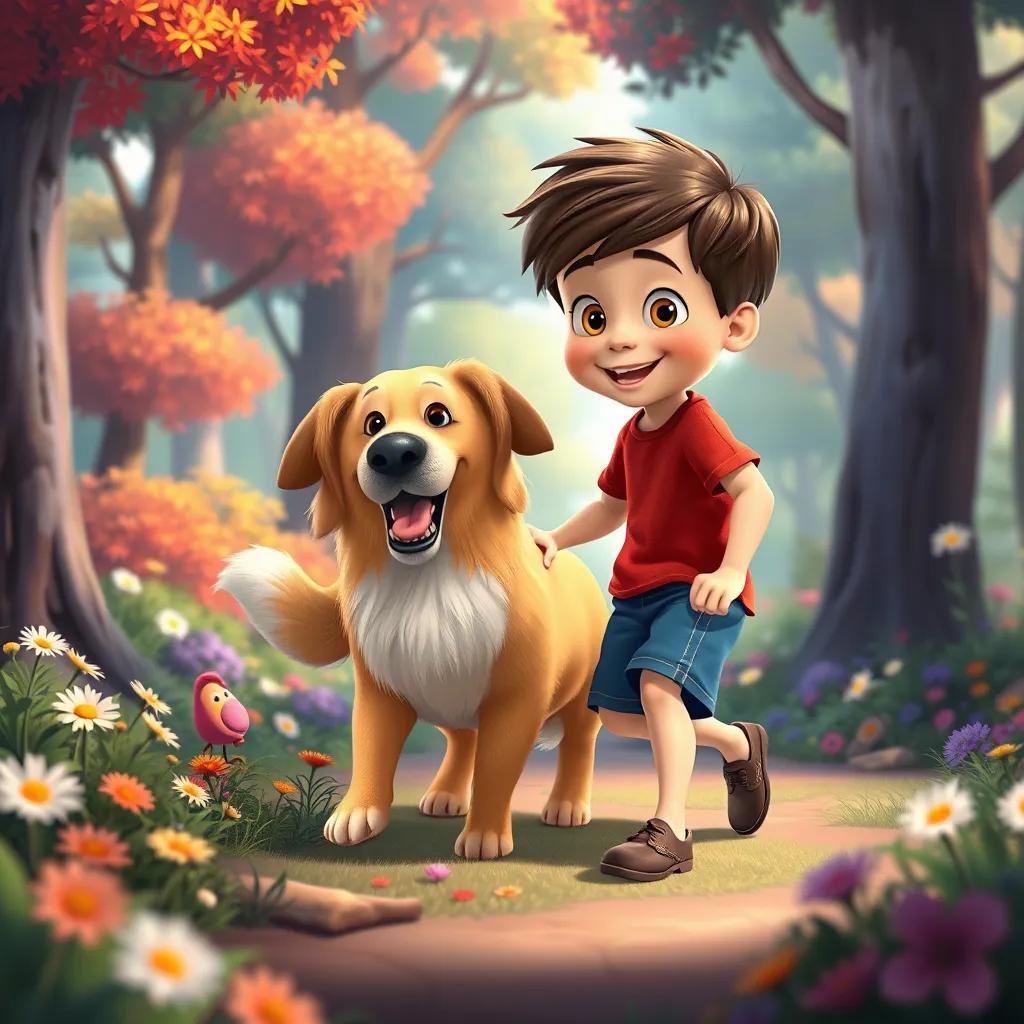 A little boy, Sam, with short brown hair, wearing a red t-shirt and blue shorts, playing with his loyal dog, Tony, a big golden retriever, in a magical forest with colorful trees and flowers, digital art, cheerful atmosphere, bright colors, high quality