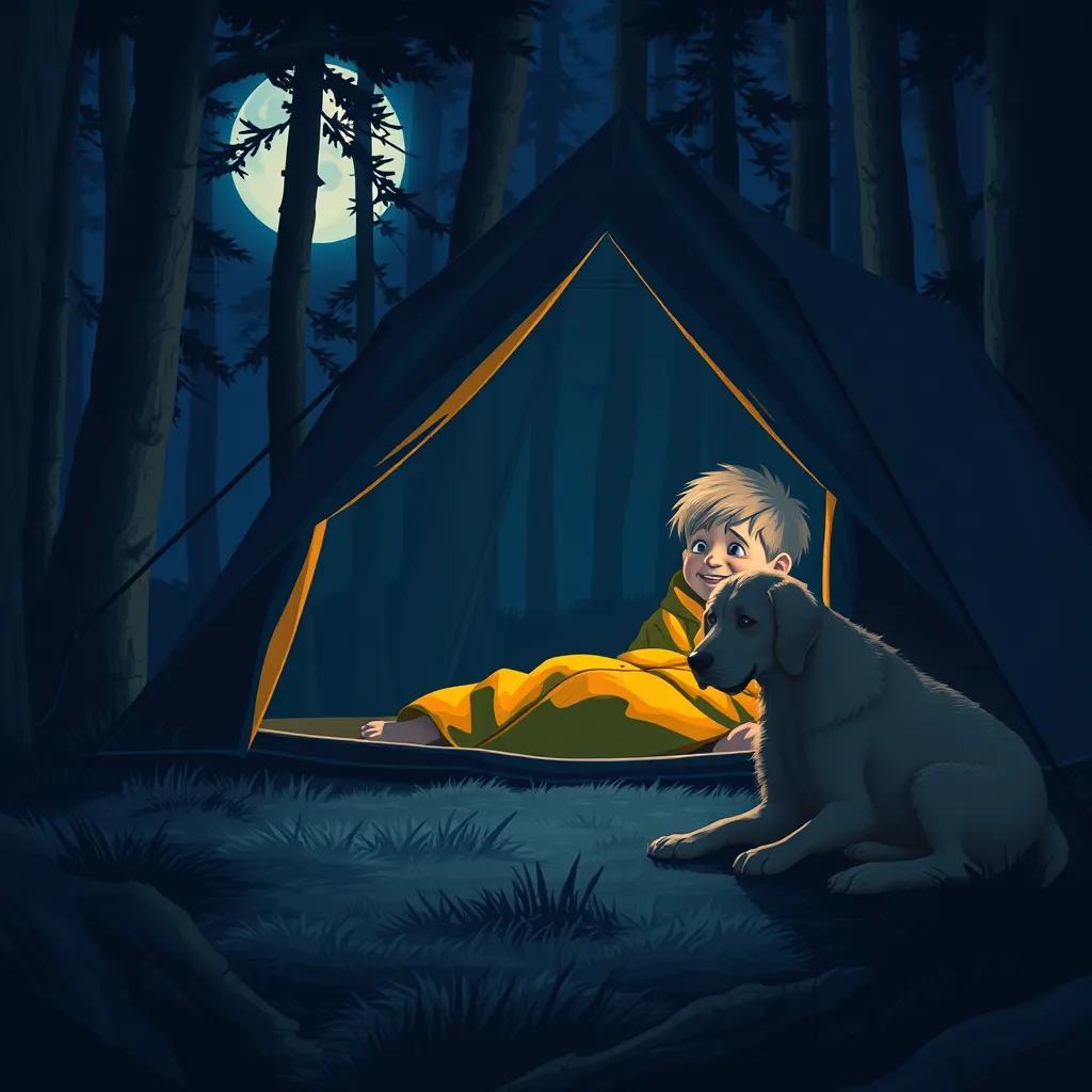 A cozy tent at night in the forest, with a little boy, Sam, in a yellow sleeping bag, peeking out, and a golden retriever, Tony, growling softly, with shadows moving outside under the moonlight, digital art, suspenseful, deep blue tones, high quality
