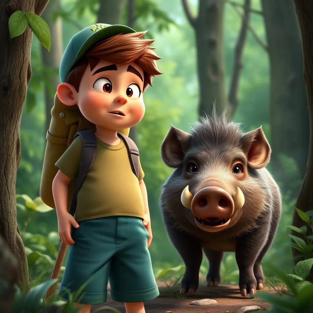 Sam and Tony exploring the woods, encountering a wild boar, Sam looking surprised, wearing a green cap and shorts, while Tony stands protectively in front, wild boar with a furious expression, lush green background, digital art, adventure-themed, vibrant colors, high quality