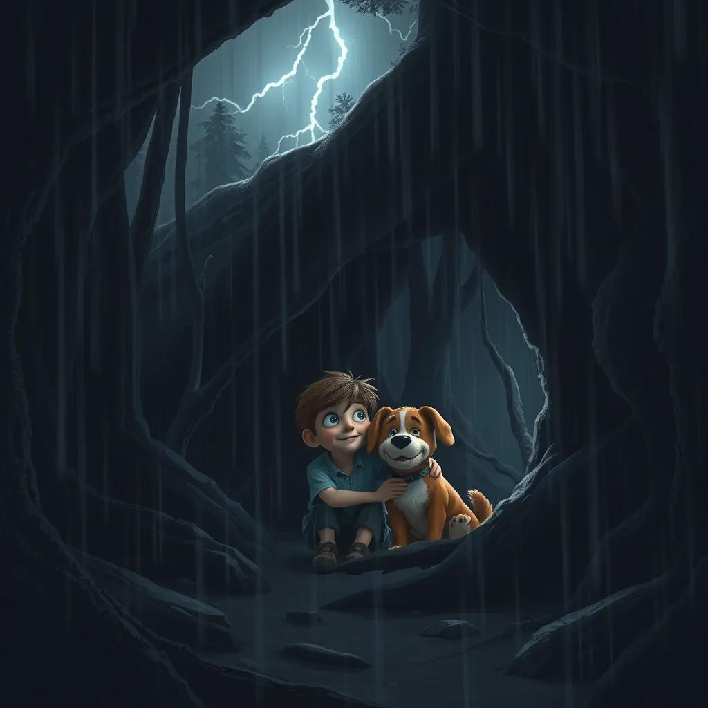 A dark cave in the forest during a storm, with a little boy, Sam, and his dog, Tony, huddled together inside, looking scared but safe, rain pouring down outside, lightning in the sky, digital art, dramatic atmosphere, gray tones, high quality