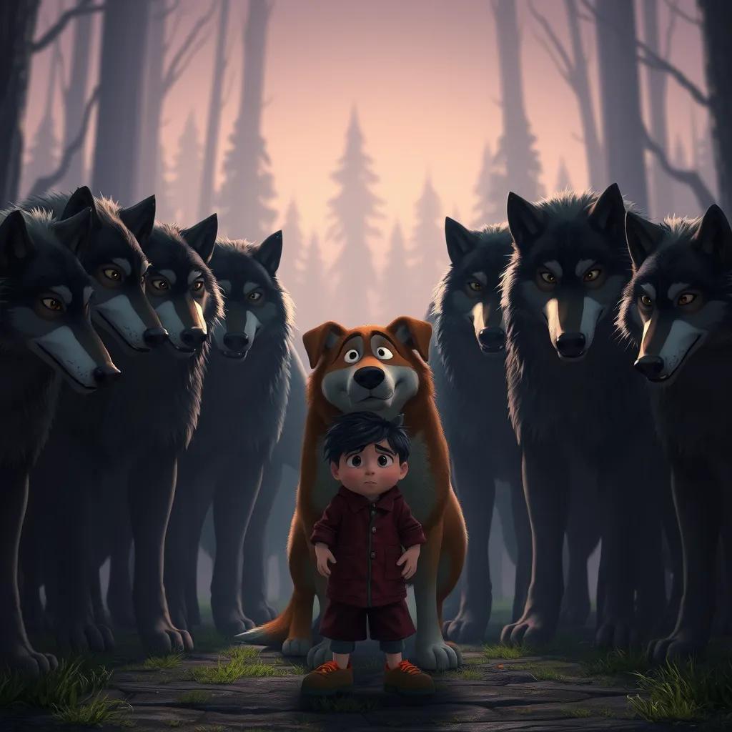 A pack of wolves surrounding a brave dog, Tony, standing protectively in front of Sam, who is frightened but safe, with the forest backdrop fading into the distance, digital art, tense moment, dark colors, high quality