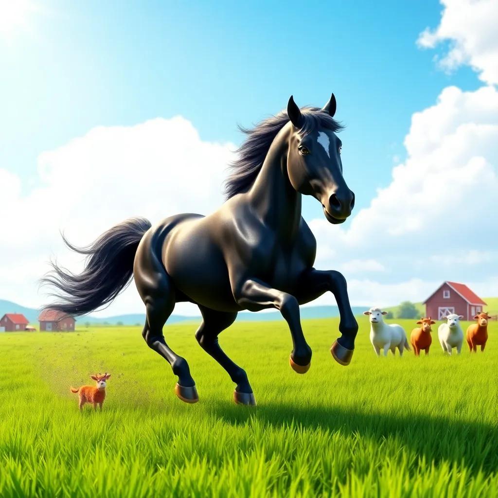 A brave black horse, Tornado, galloping through a green field under the sun, his shiny coat sparkling with dust, cheerful farm animals watching, digital art, bright colors, lively atmosphere, high quality