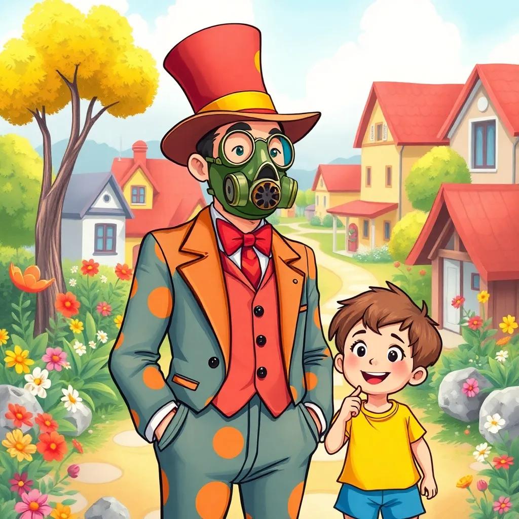A happy man wearing a colorful dandy outfit and a unique gas mask, standing in a bright village with flowers and trees, surrounded by two curious children, vibrant colors, cheerful atmosphere, joyful scene, high quality