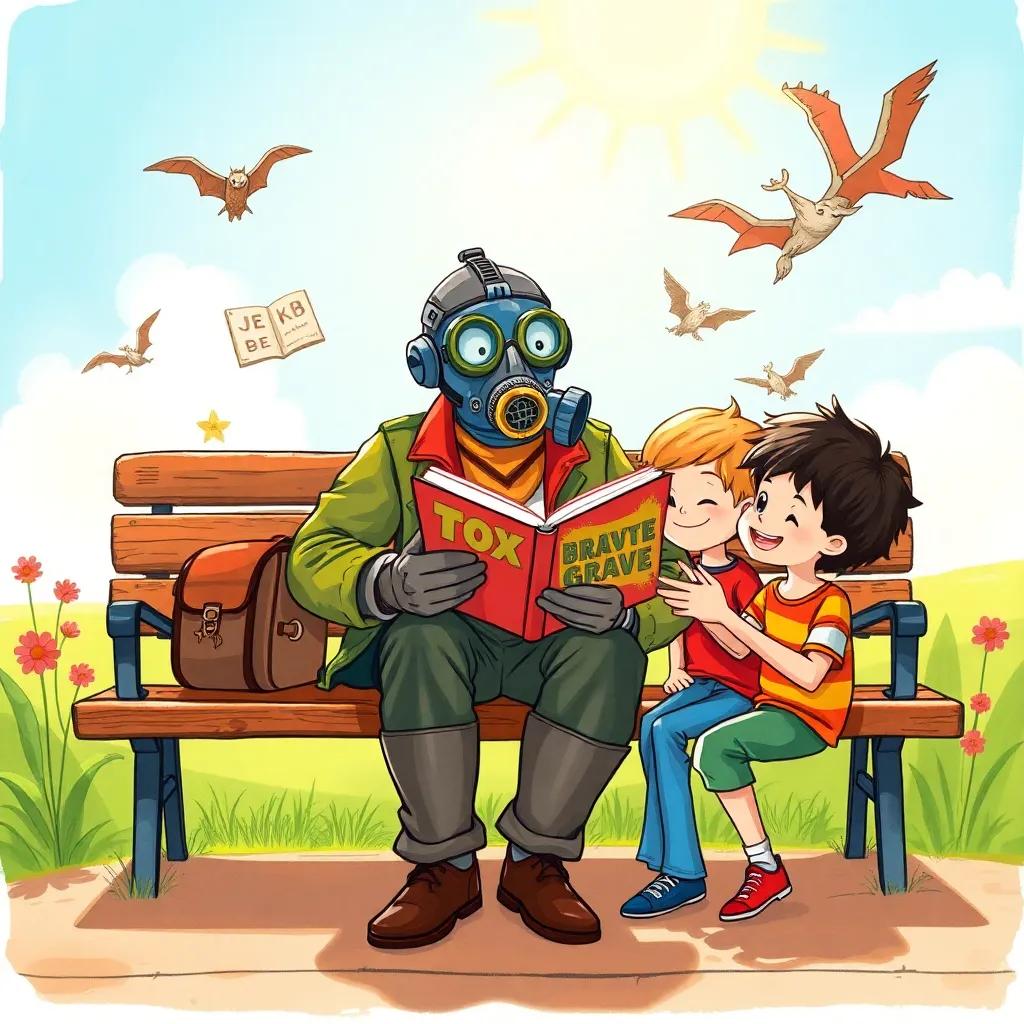 A colorful scene of Tox, the man with the gas mask, sitting on a bench telling stories to two eager kids, with illustrations of bravery around them, bright sunlight, imagination-themed, joyful and engaging