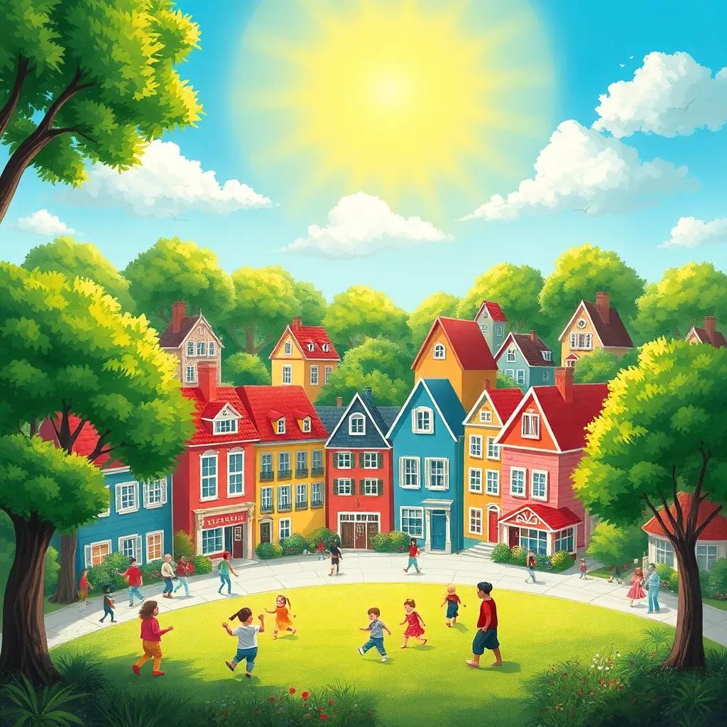 A joyful town with colorful houses, surrounded by green trees and happy people, children playing in a park under a bright sun, cheerful atmosphere, digital painting, vibrant colors, warm light, inviting scene, high quality